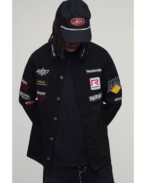 BoohooMAN Regular Fit Moto Applique Twill Overshirt - Black
