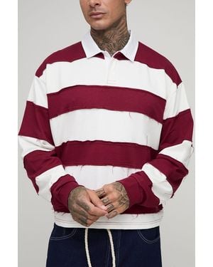 BoohooMAN Tall Oversized Boxy Distressed Long Sleeve Rugby Polo - Red