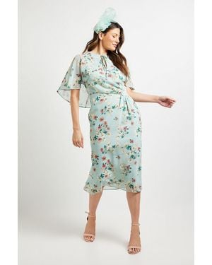Wallis Cape Sleeve Ruched Midi Dress - Green