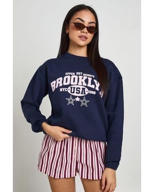 Boohoo Washed Brooklyn Printed Sweatshirt - Blue