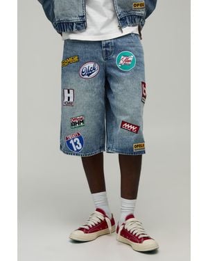 BoohooMAN Moto Badge Longline Denim Jorts - Blue
