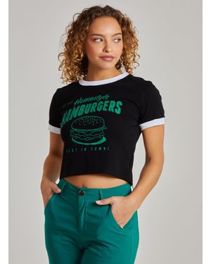 Pink Vanilla Burger Slogan Cropped T-Shirt - Black