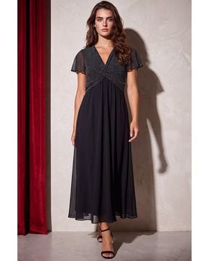 Roman Petite Contrast Mesh Chiffon Dress - Brown