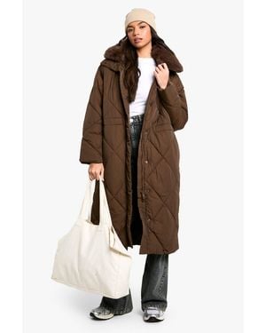 Boohoo Premium Faux Fur Trim Quilted Maxi Parka - Brown