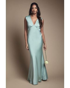 Oasis Sage Satin Open Back Detail Maxi Bridesmaid Dress - Green