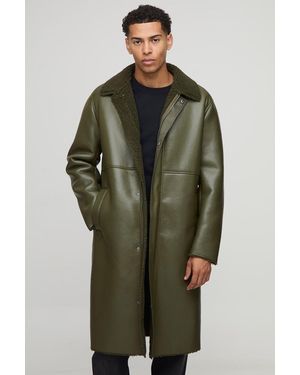 BoohooMAN Regular Fit Borg Lined Contrast Collar Pu Car Coat - Green