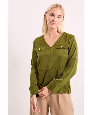 PRINCIPLES Pocket Detail Satin V Neck Blouse - Green