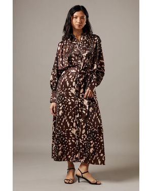 Warehouse Print Satin Batwing Split Side Midi Shirt Dress - Brown
