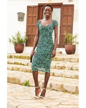 Sosandar Animal Print Sweetheart Neckline Gathered Front Midi Jersey Dress - Metallic