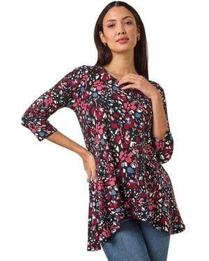 Roman Floral Print Swing Stretch Tunic Top - Red