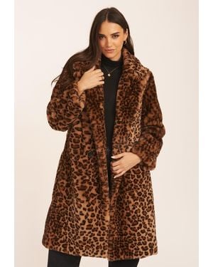 Gini London Leopard Double Breasted Longline Furcoat - Brown