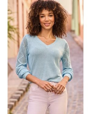 Sosandar Sky Pointelle Sleeve V Neck Jumper - Blue