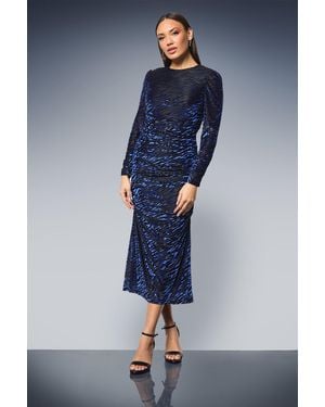 PRINCIPLES Ruched Cuff And Side Seam Velvet Devore Bodycon Dress - Blue