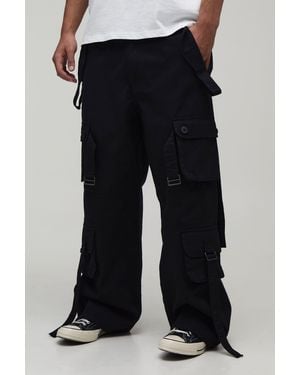 BoohooMAN Wide Leg Strap Detail Cargo Washed Trouser - Black