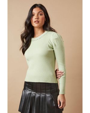 Oasis Embellished Neck Ribbed Puff Sleeve Knitted Top - Green