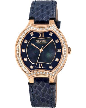 Gevril Lugano Swiss Diamond Mop Dial Genuine Italian Handmade Leather Watch - Blue