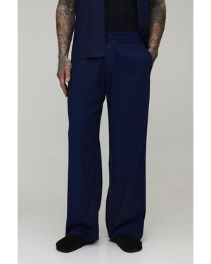 BoohooMAN Tall Half & Waistband Wide Fit Linen Blend Trousers - Blue