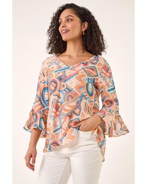 Roman Geometric Print Flute Sleeve Top - Orange