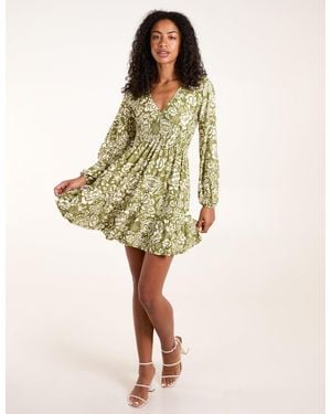 Blue Vanilla Shirring Elastic Sleeve Tier Mini Dress - Green