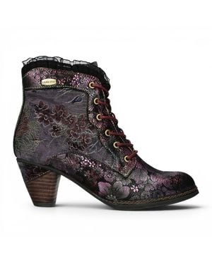 Laura Vita Floral Goth Victorian Leather Heeled Ankle Boots - Black