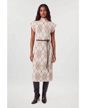 Karen Millen Studded Argyle Wool Blend Cosy Knit Belted Midi Dress - Natural