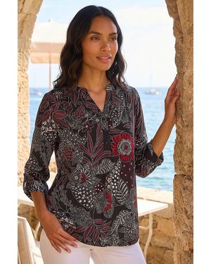 Roman Floral Puff Print Gathered Shirt - Black