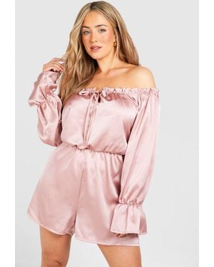 Boohoo Plus Satin Bardot Frill Detail Playsuit - Pink