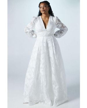 Coast Plunge Neck Organza Jacquard Blouson Sleeve Wedding Dress - Blue