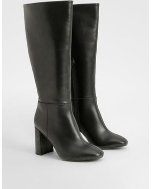 Boohoo Wide Fit Block Heel Knee High Boots - Black