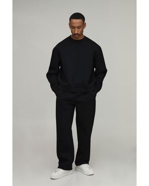 BoohooMAN Oversized Boxy Crew Neck Scuba Sweatshirt And Straight Leg Tracksuit - Black