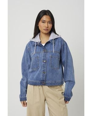 Brave Soul Light Denim Jacket With Detachable Jersey Hood - Blue