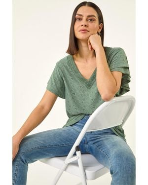 Roman Broderie Detail V-Neck Stretch Top - Green