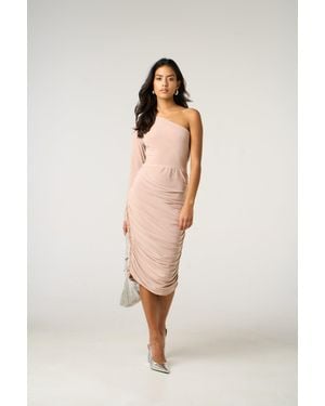 Femme Luxe One Shoulder Ruched Slinky Midi Dress - Natural