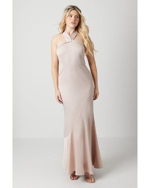 Debut London By Coast Twist Halterneck Satin Bridesmaids Dress - Natural