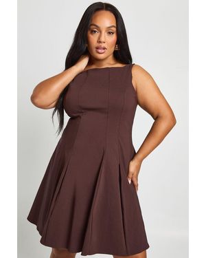Boohoo Plus Bengaline Racer Neck Pleated Skater Dress - Brown