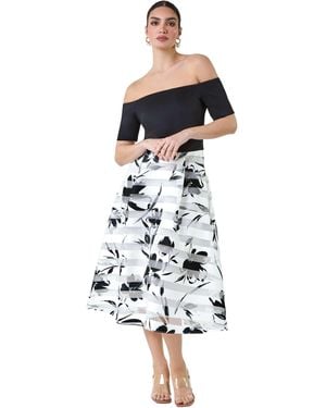 Ariella Floral Print Premium Stretch Bardot Dress - White