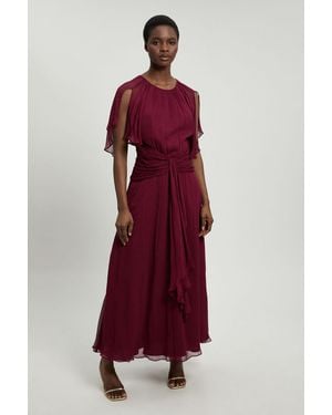 Karen Millen Petite Viscose Georgette Cape Sleeve Ruffle Woven Maxi Dress - Red