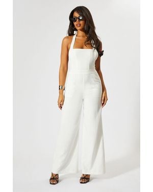 MissPap Linen Look Halter Neck Jumpsuit - White