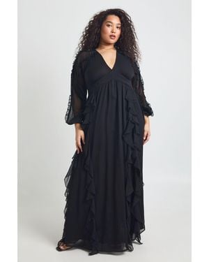 Boohoo Plus Chiffon Long Sleeve Ruffle Maxi Dress - Blue