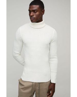 BoohooMAN Muscle Fit Ribbed Roll Neck Knitted Jumper - White