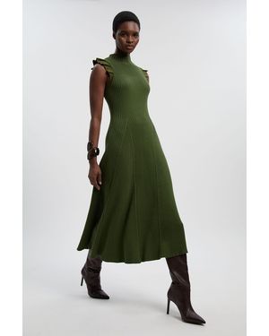 Karen Millen Pointelle Frill Sleeve Knit Midi Dress - Green
