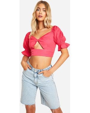 Boohoo Linen Look Puff Sleeve Crop Top - Red