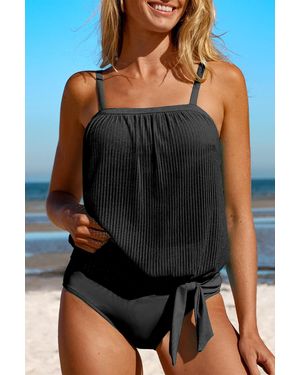 Azura Exchange Geribbeld Tankini Zwempak Met Strik Taille - Zwart