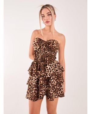 Pink Vanilla Leopard Print Ruffle Bandeau Dress - Pink