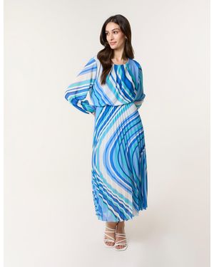 Blue Vanilla Swirl Print Pleated Round Neck Dress - Blue