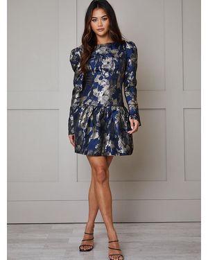 Chi Chi London Long Sleeve Pephem Jacquard Mini Dress - Blue