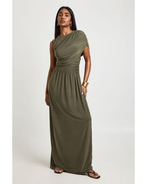 Boohoo Double Layer Slinky Sleeveless Ruched Body Maxi Dress - Green