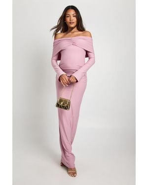 Boohoo Maternity Bardot Ruched Flare Sleeve Maxi Dress - Pink