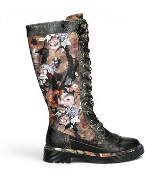 Laura Vita Gothic Victorian Floral Leather Knee-High Lace-Up Boots - Black