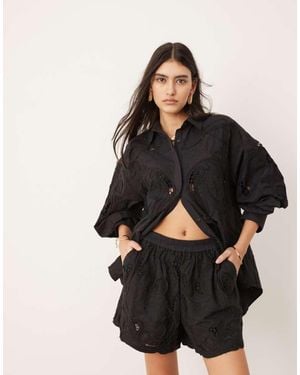 ASOS Broderie Cut Work Boxy Shorts Co-Ord - Black